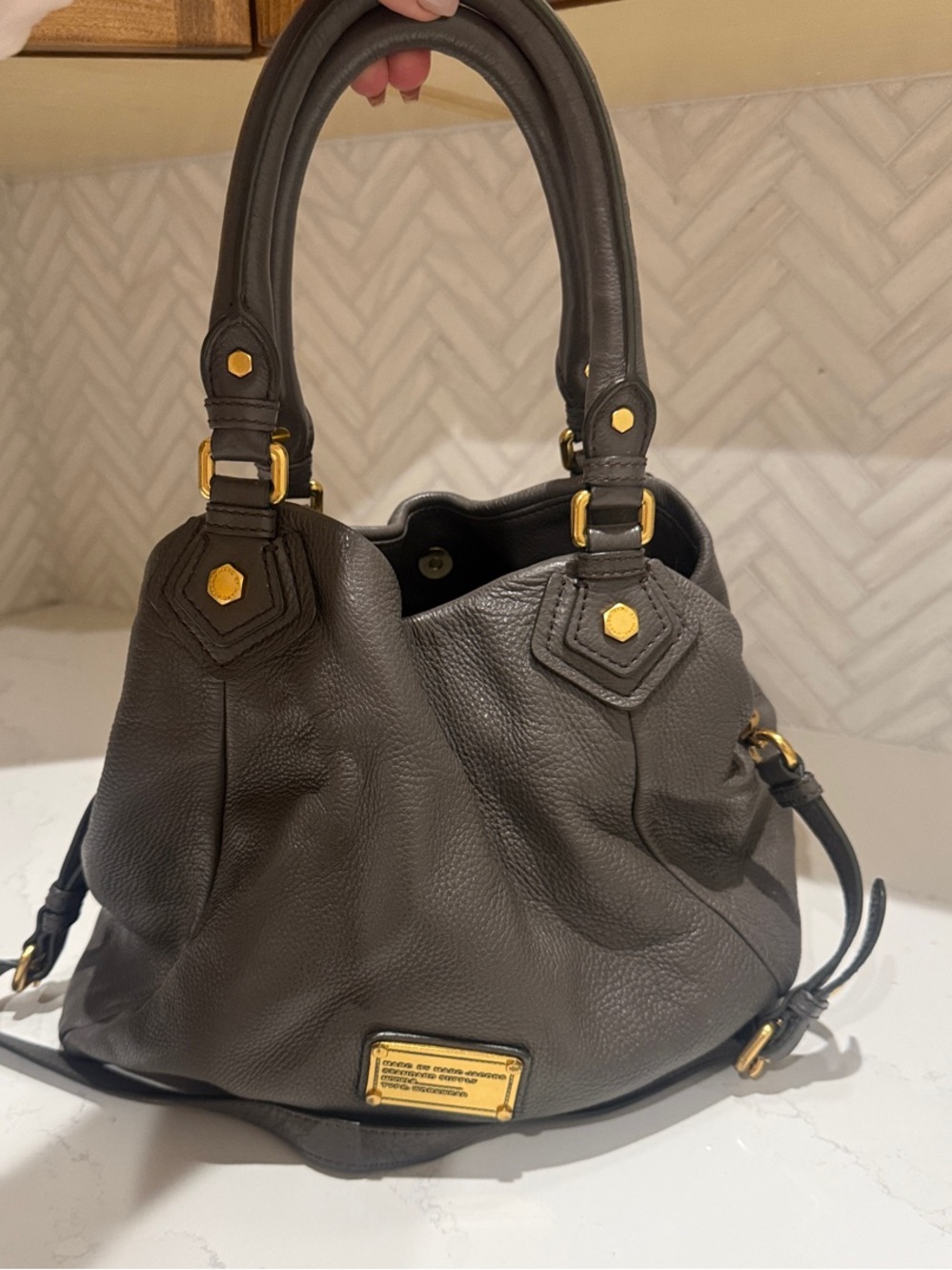 Marc by Marc Jacobs Gray Pebbled Leather Satchel with Gold Hardware